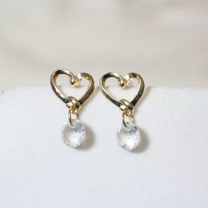 💟Gold Tone Solitaire Round 3D Crystal  Heart Drop Dangle  Earrings💟